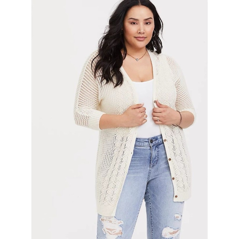Torrid Ivory Open Mesh Cardigan Women Button Front Boyfriend